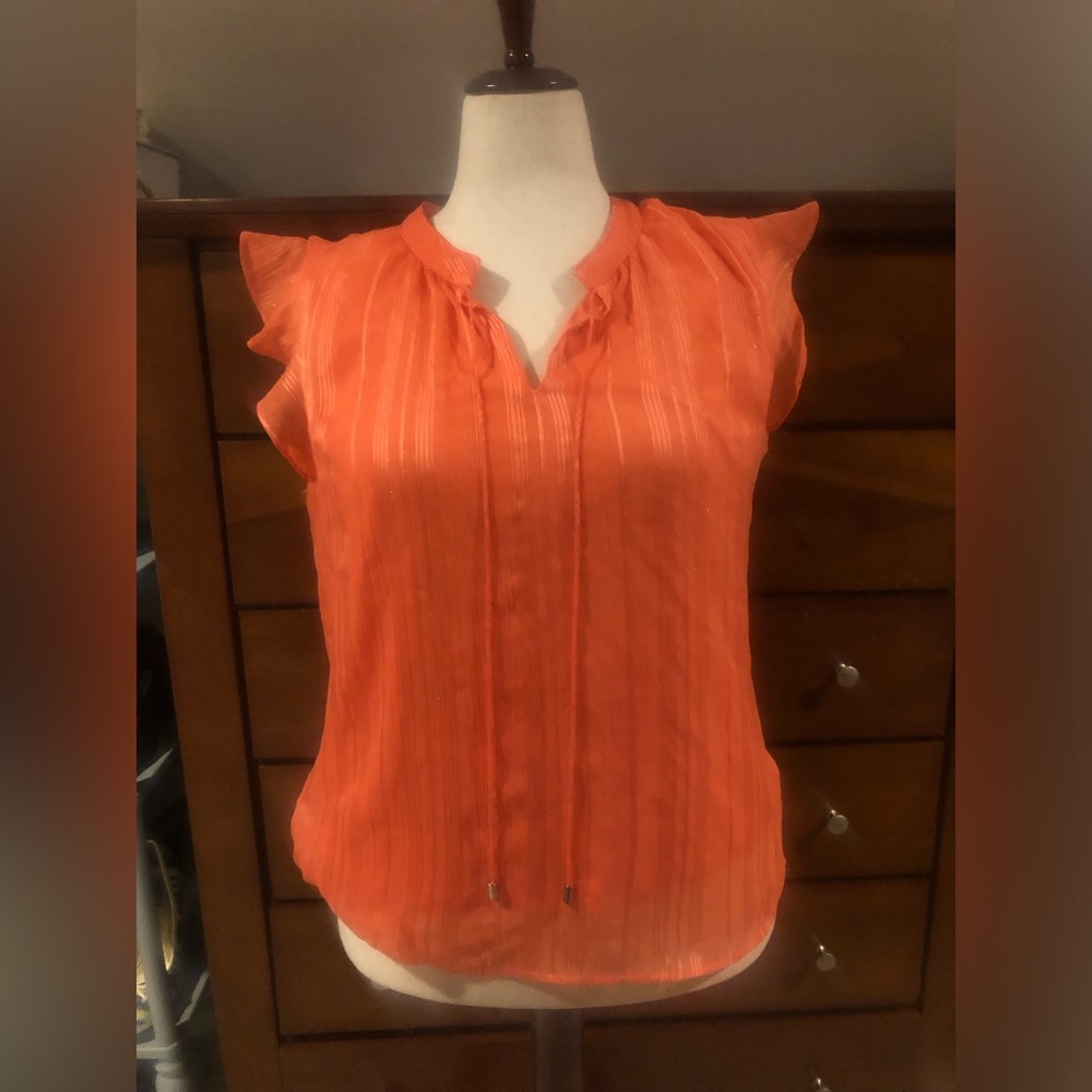 Calvin Klein Bright Orange Ruffle Sleeve Tie-Neck Blouse